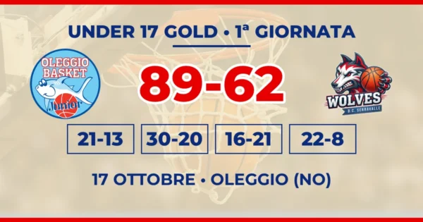 Grafica con i loghi di Oleggio Junior Basket e Basket Club Serravalle, il punteggio 89-62 e i parziali della 1ª giornata di Under 17 Gold